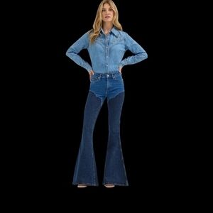 Wrangler Two-Tone High-Rise Flare Jeans - Light & Dark Blue